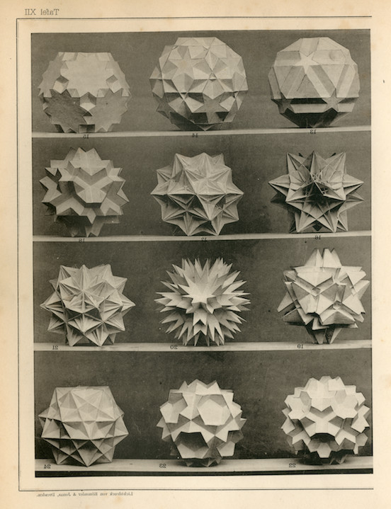 "Polyhedral models in the book Polygons and Polyhedra: Theory and History (Vielecke und Vielflache: Theorie und Geschichte) by Max Brückner, 1900."