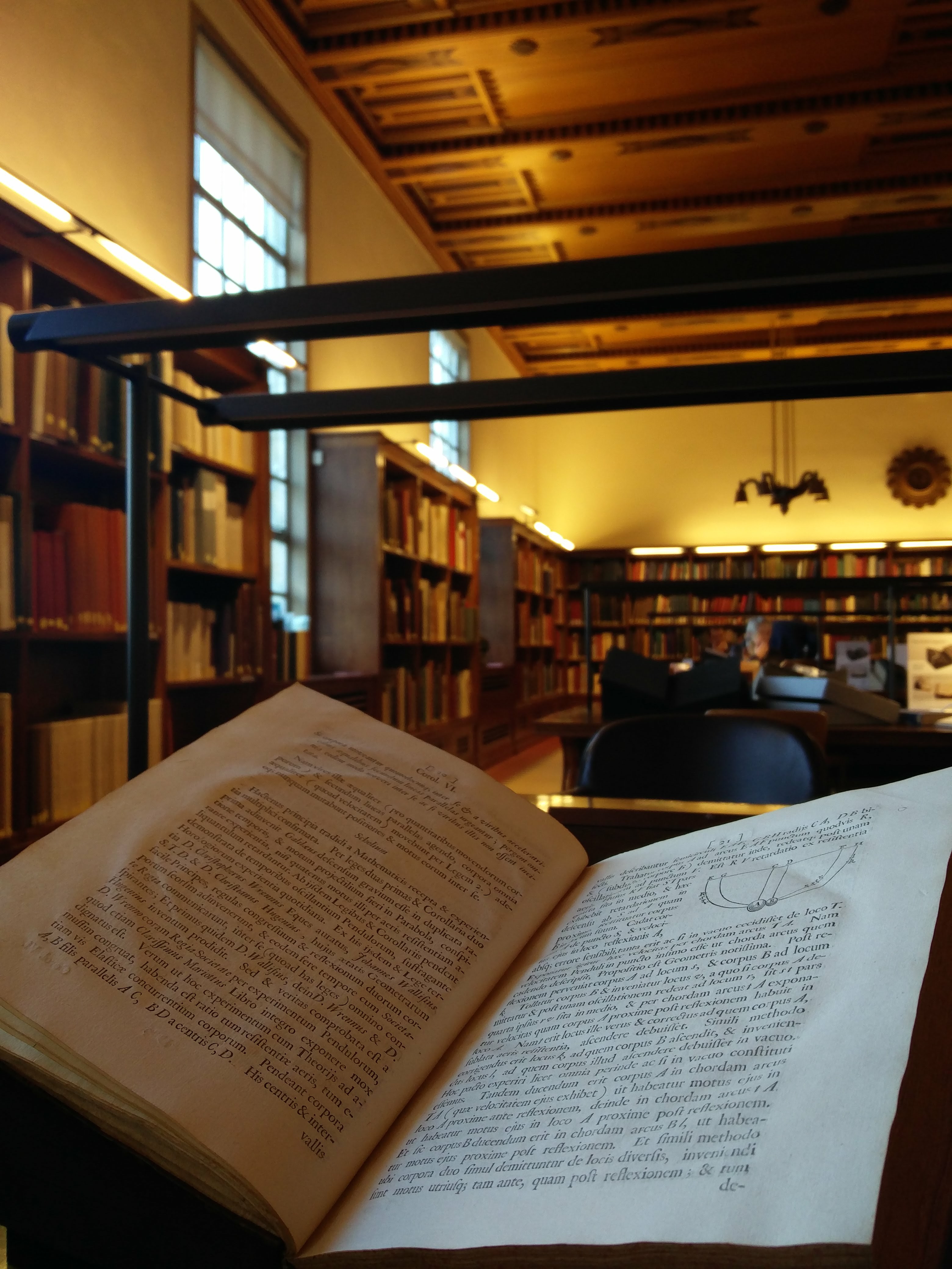 "1st edition of Isaac Newton’s Philosophiae Naturalis Principa Mathematica (London, 1687 – Bodleian Savile G7) in the gorgeous Weston Rare Book Reading Room of the Bodleian."