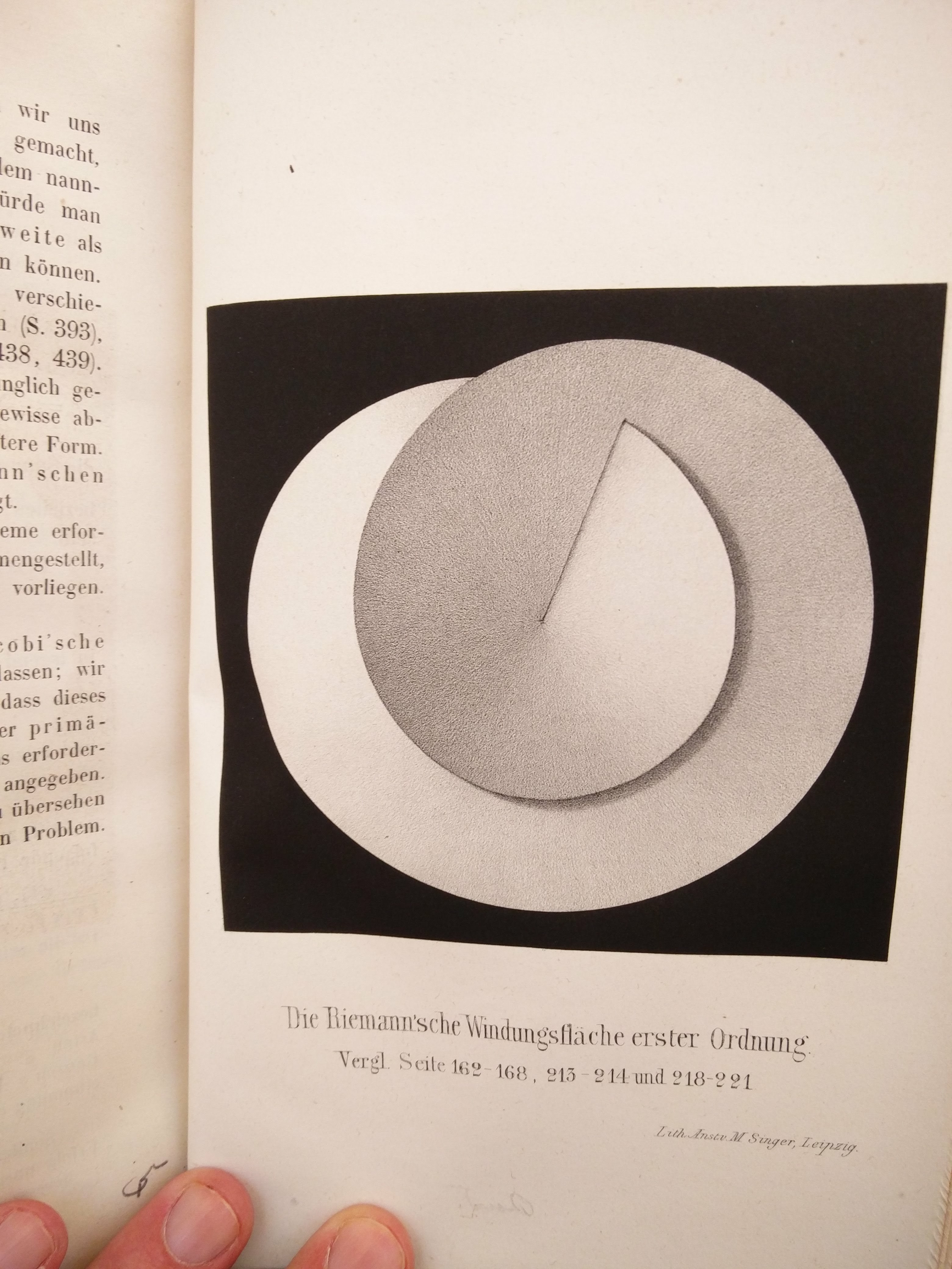 "Daryl’s favourite find of the week, the last leaf of Neumann’s work on Bernhard Reimann’s theories (1865, Leipzig – Bodleian RSL 1822 d.101) being a lithograph of an artist’s depiction of a Reimann Surface – almost popping off the page it is executed so well!"