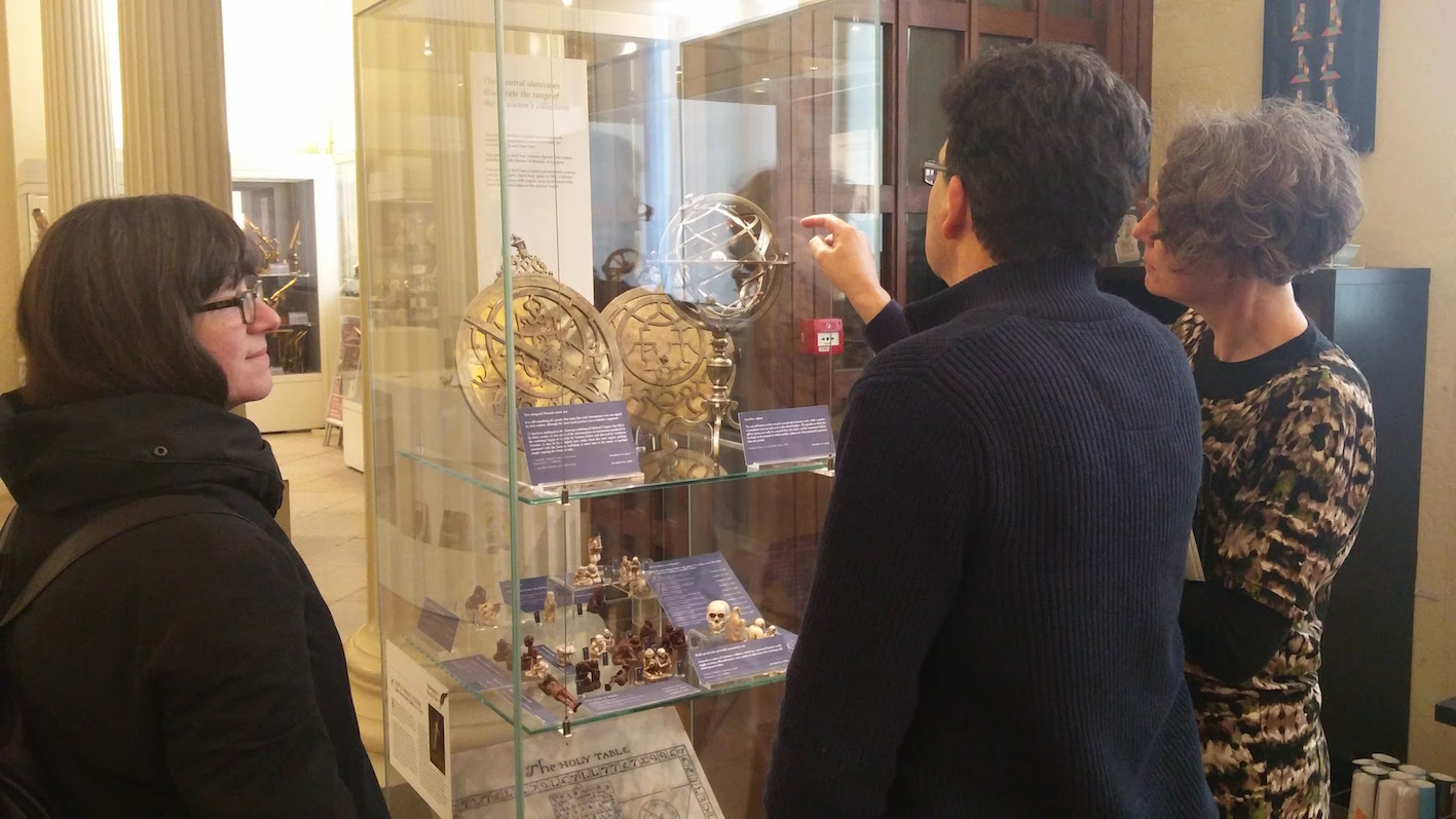 Stephen Johnston presenting some relevant items to Madeline Slaven (right) and Laura Moretti (left) at the Museum of the History of Science.