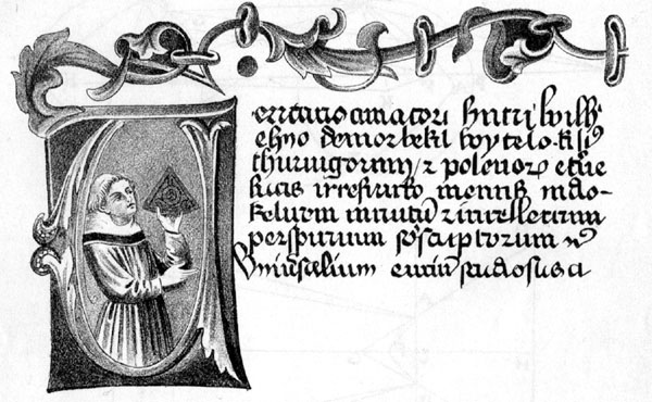 "Page from a manuscript of Perspectiva with a miniature of the author Source: Wikimedia Commons."