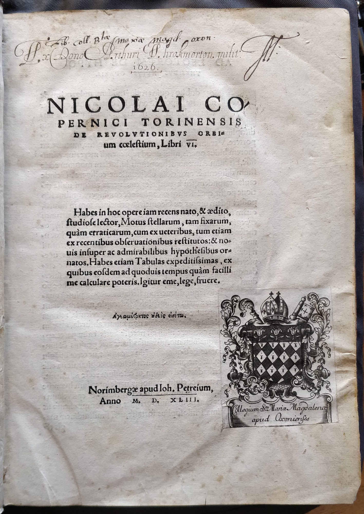 "Copernicus *De revolutionibus* title page."