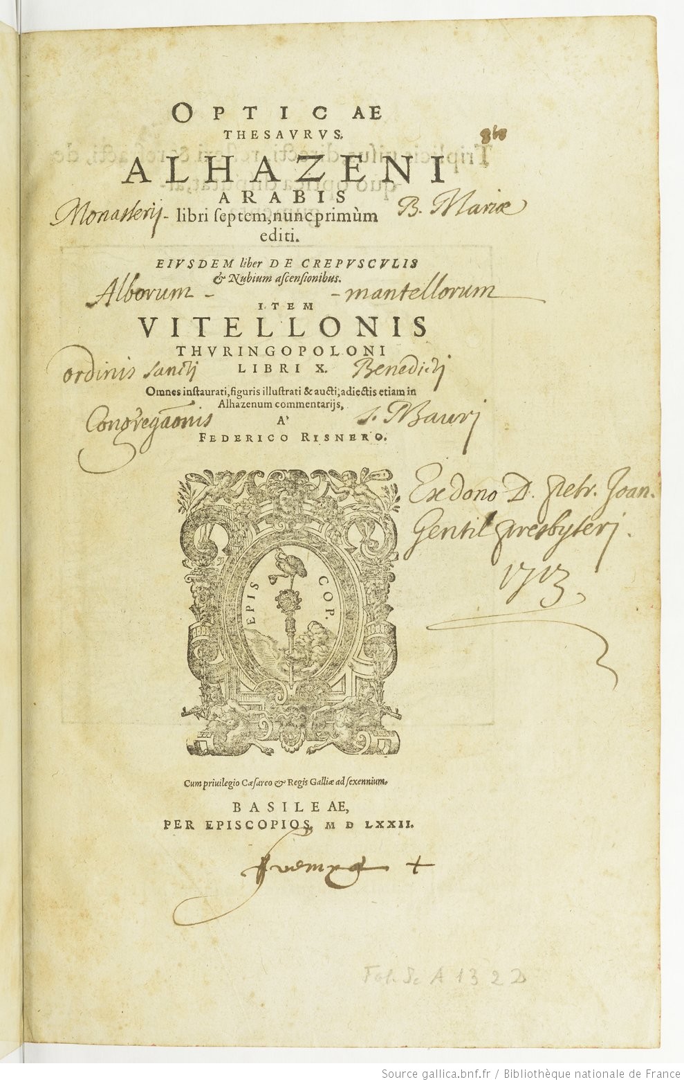 "Friedrich Risner edition *Opticae Thesaurus* (Basel, 1572) Title Page."
