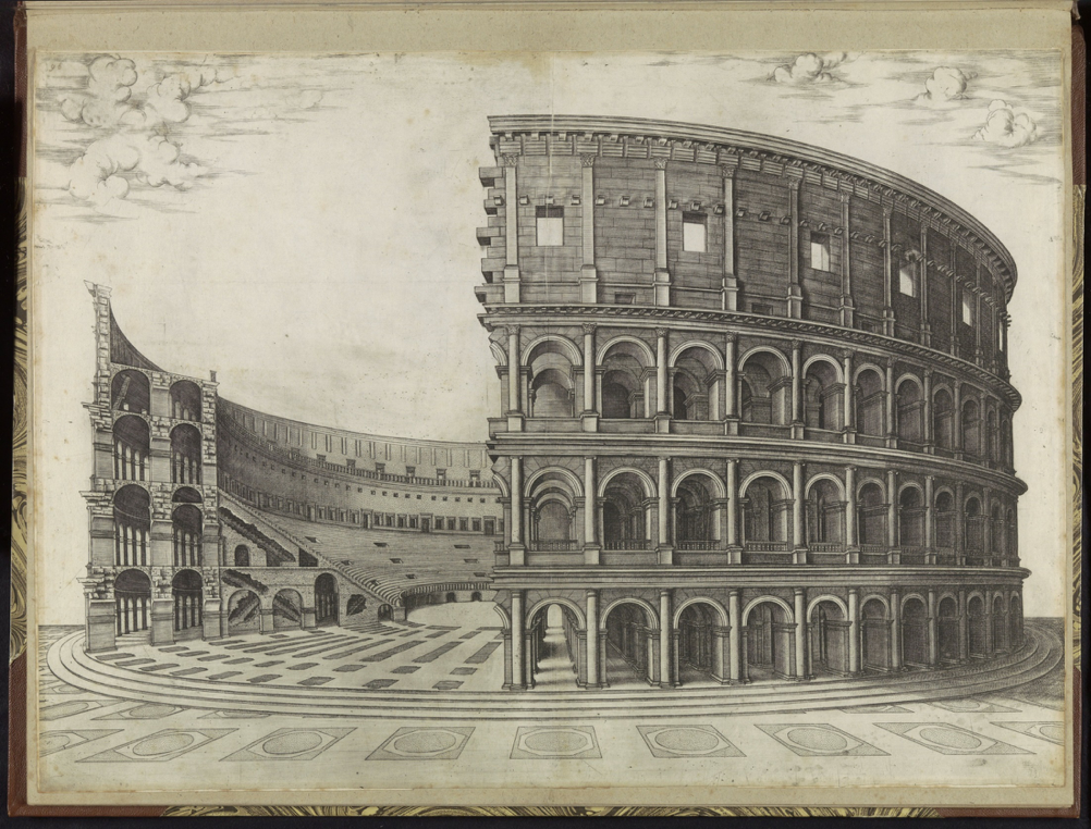 "Nicolas Beatrizet, Colosseum te Rome from Speculum Romanae Magnificentiae, 1570s. Amsterdam, Rijksmuseum, RP-P-2016-345-68."