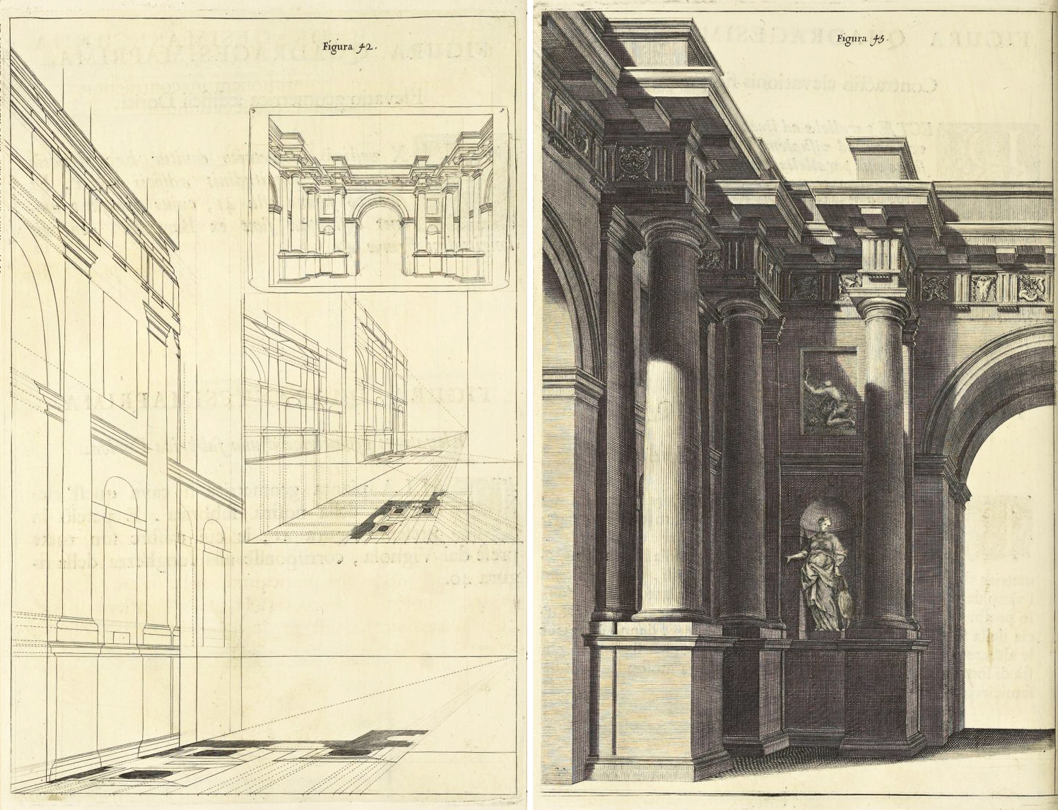 "Andrea Pozzo, Perspectiva Pictorum et Architectorum, vol. I (Rome, 1693), Figures 42 and 45.
Getty Research Institute"