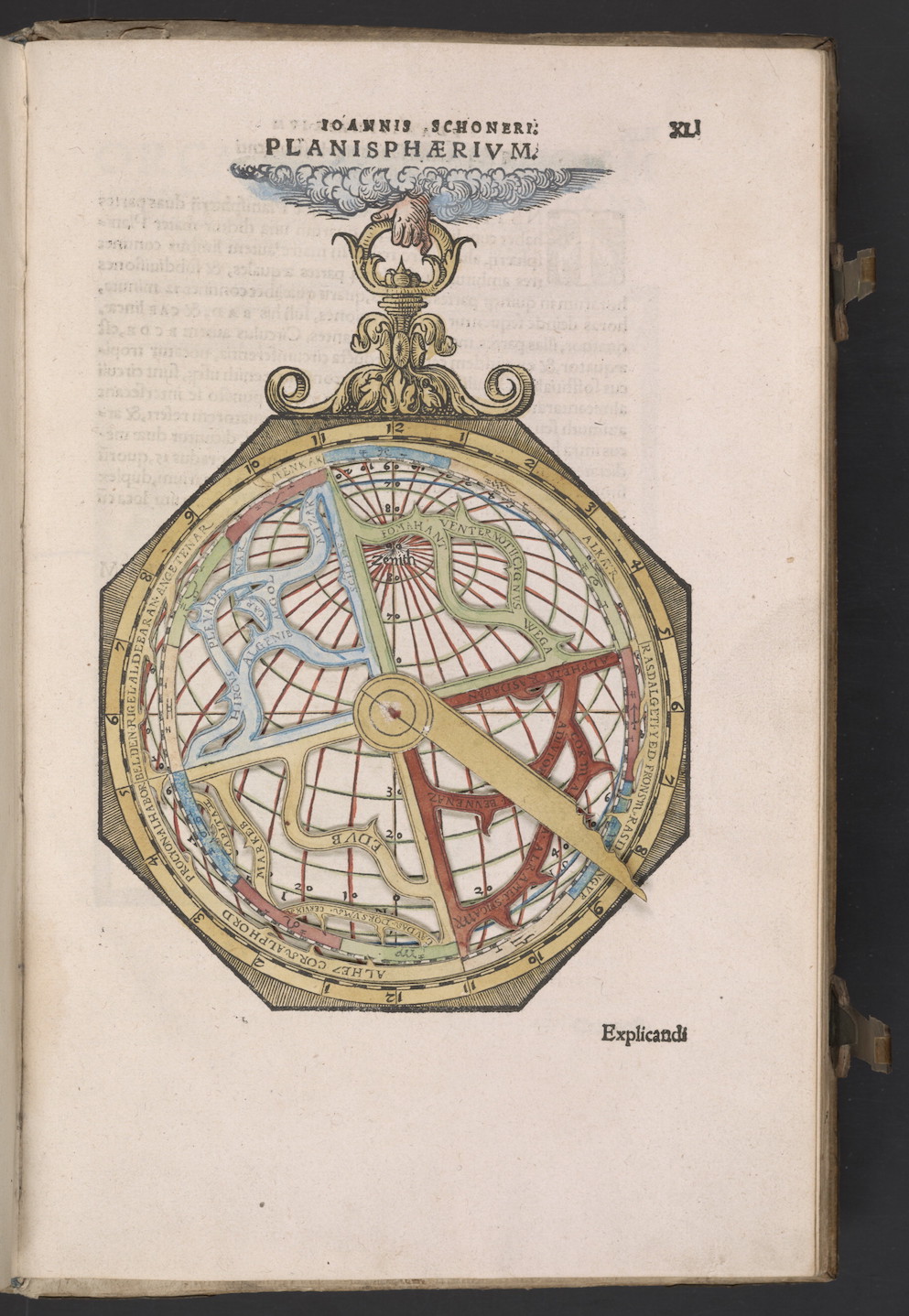 "Johannes Schöner, Opera mathematica (Nurnberg: in officina Ioannis Montani & Ulrici Neuber, 1551), c. 41r of the Planisphaerium, seu Metheoroscopium. Paper astrolabe."