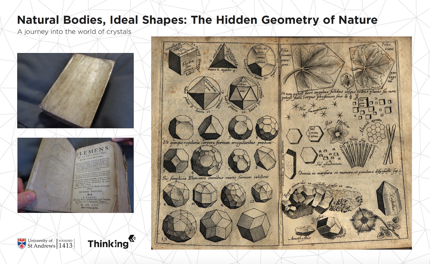 "The base of the display case, presenting a reproduction of a table from the French translation of William Davidson's Philosophia Pyrotechnica, 1657. Image courtesy University of St Andrews Library, Special Collections."