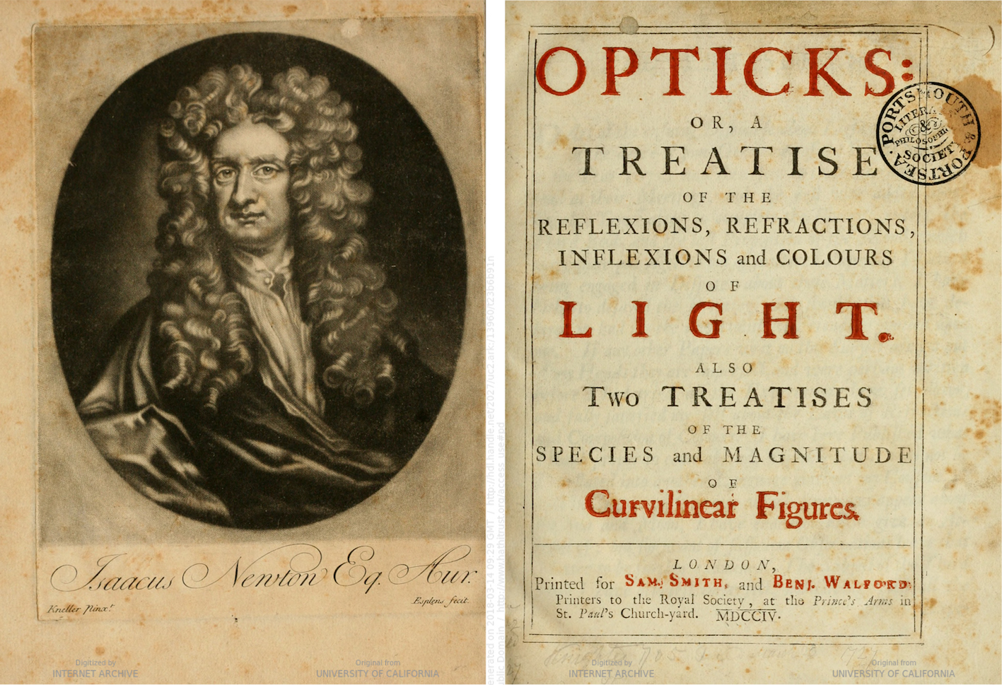 "Isaac Newton, Opticks, London 1704, titlepage and frontispiece."