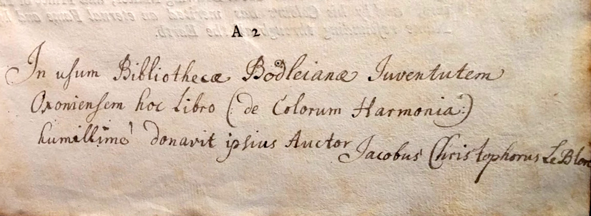 "Inscription by Le Blon in the copy of Coloritto kept in the Bodleian Library."