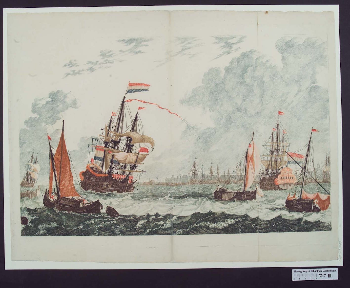 "Workshop of Johannes Teyler, Amsterdam: Ships at the IJ on Choppy Water, the East India House in the Background, line etching inked à la poupée in blue, brown, greenish blue, orange, red, yellow-brown; Herzog August Library, Graph. C: 1736.25."