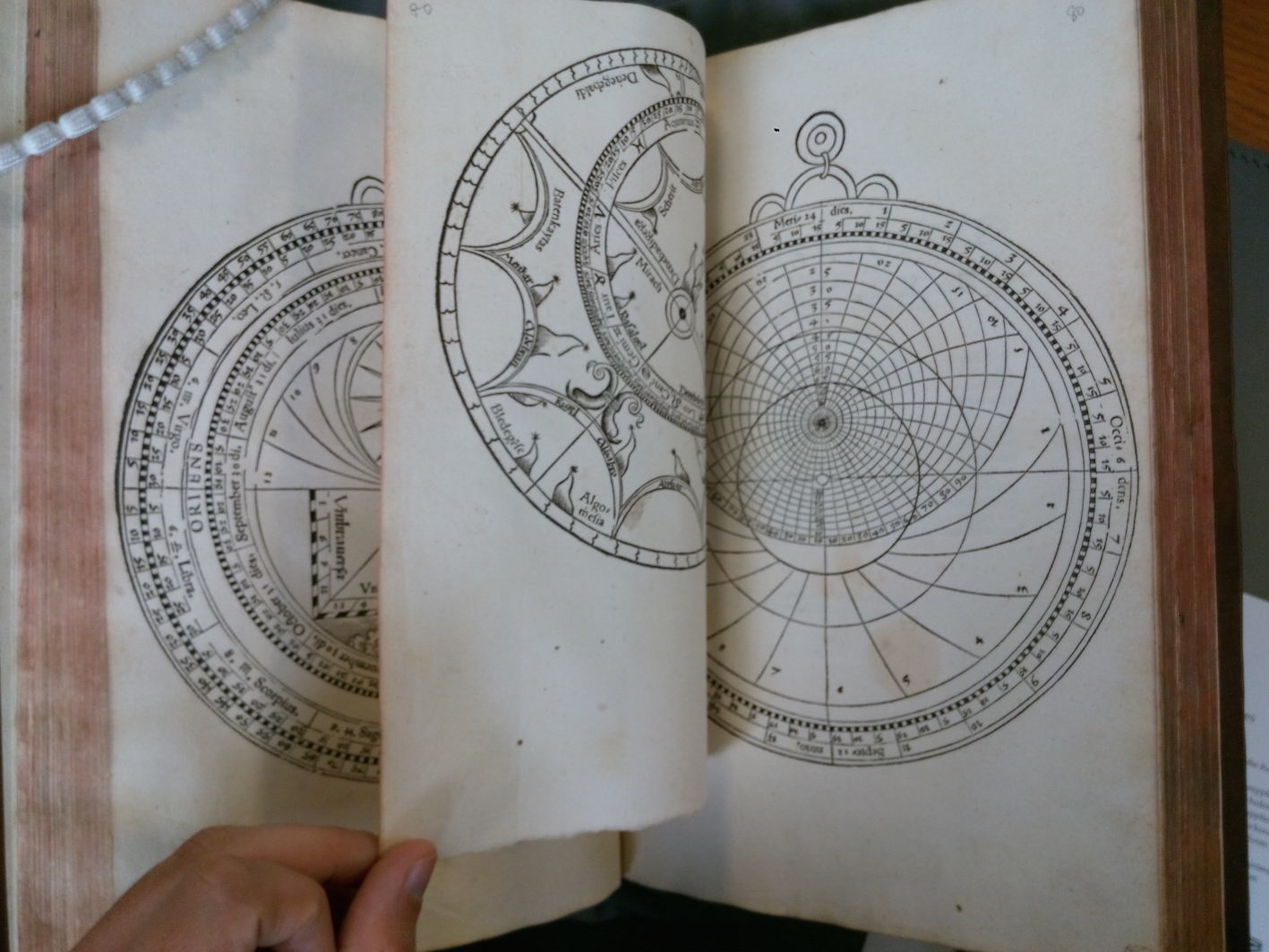 "J. Stöffler, Caelestium Rerum Disciplinae, 1535, Paper astrolabe at the end of the volume (St Andrews University Library, Rare Books Collection, Roy.PA4400.S7)."