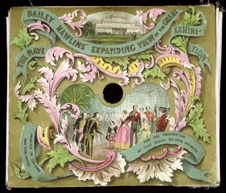 "Charles Moody and Bailey Rawlins, ‘Bailey Rawlins’ Expanding View of the Great Exhibition’, c. 1851, 163 x 185 x 605 mm, chromolithographs and watercolours. © Victoria and Albert Museum, London."