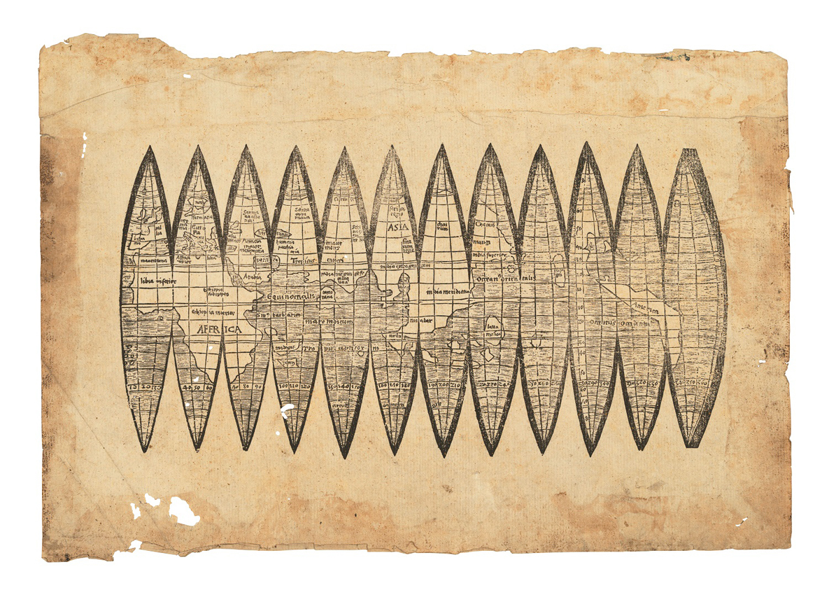 "The Waldseemüller gores map/globe, printed in Saint-Dié-des-Vosges in 1507 – the earliest printed globe known to exist. Photo courtesy of Christie’s Books"