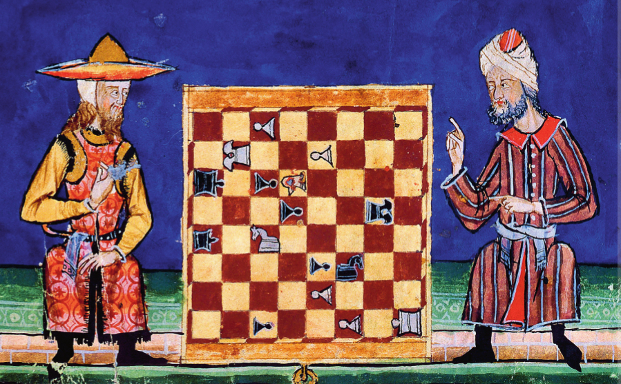 "Libro de los Juegos, ms.T.1.6, fol. 21v.-22r., 40 × 28 cm, Escorial Monastery Library, Madrid. (Wikimedia Commons)"