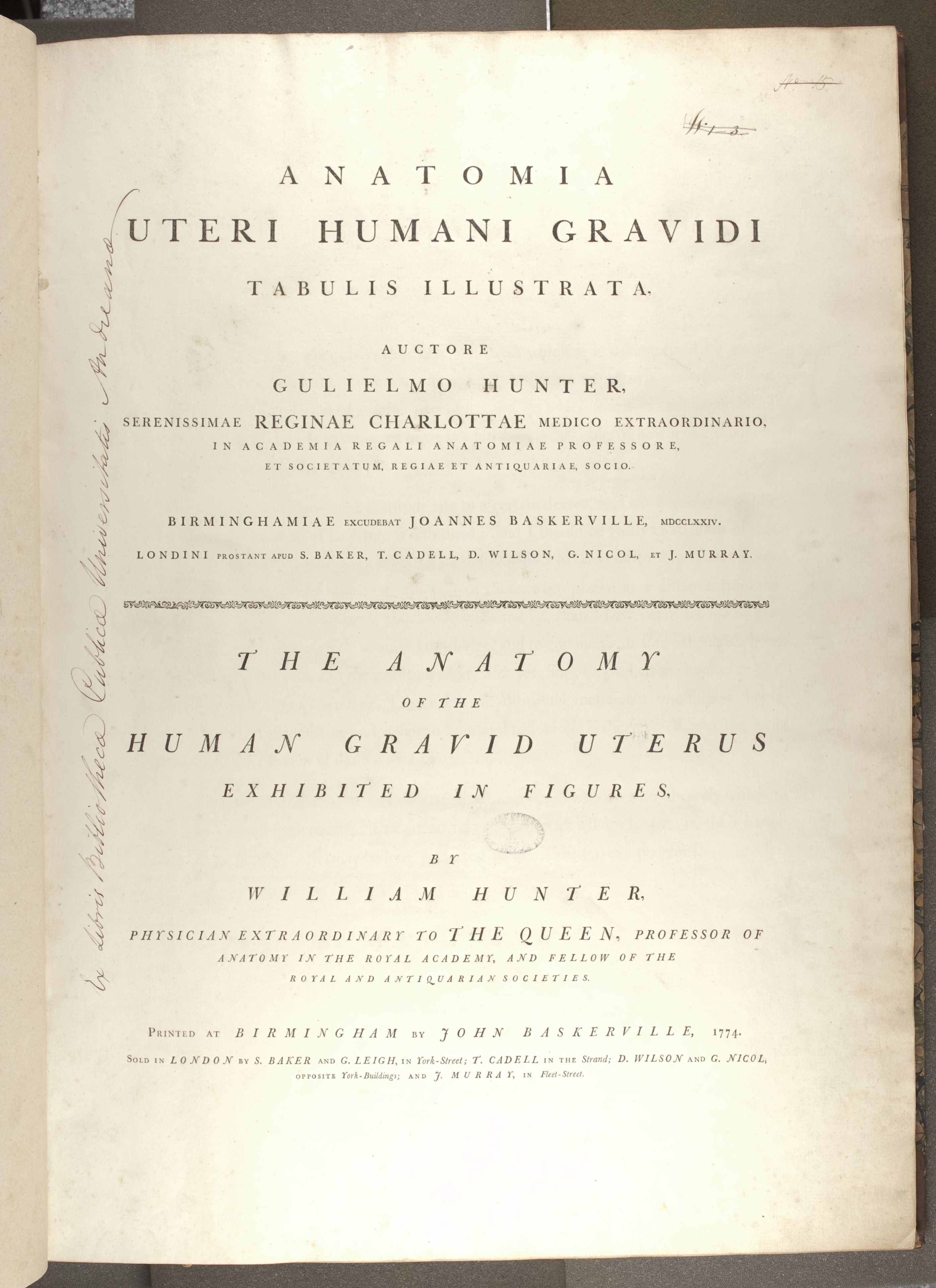 "Frontispiece of William Hunter, Anatomia Uteri Humani Gravidi Tabulis Illustrata (Birmingham: John Baskerville, 1774), University of St Andrews Library, rfx QM421.H8."