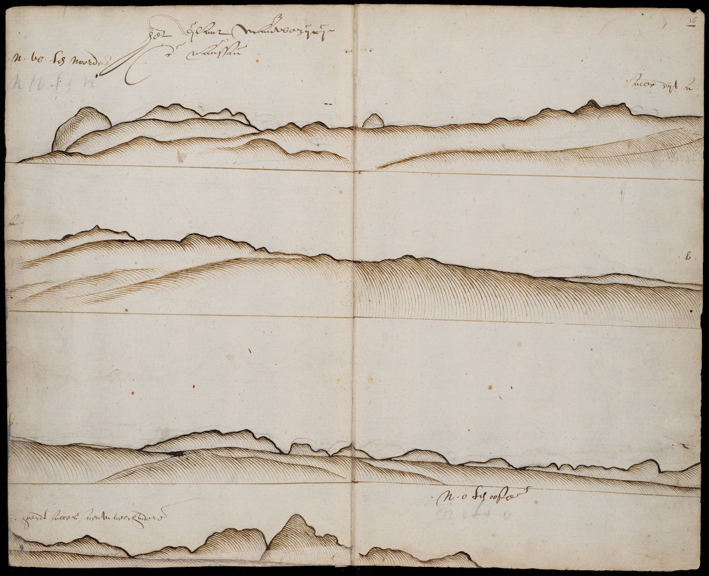 "Figure 2. Coastline of Mauritius, number 135 fols. 15v-16r. For all illustrations from the Gelderland journal: Nationaal Archief, Compagnieën op Oost-Indië, 1594-1603, nummer archiefinventaris 1.04.01, inventarisnummer 135-136, image in the public domain."