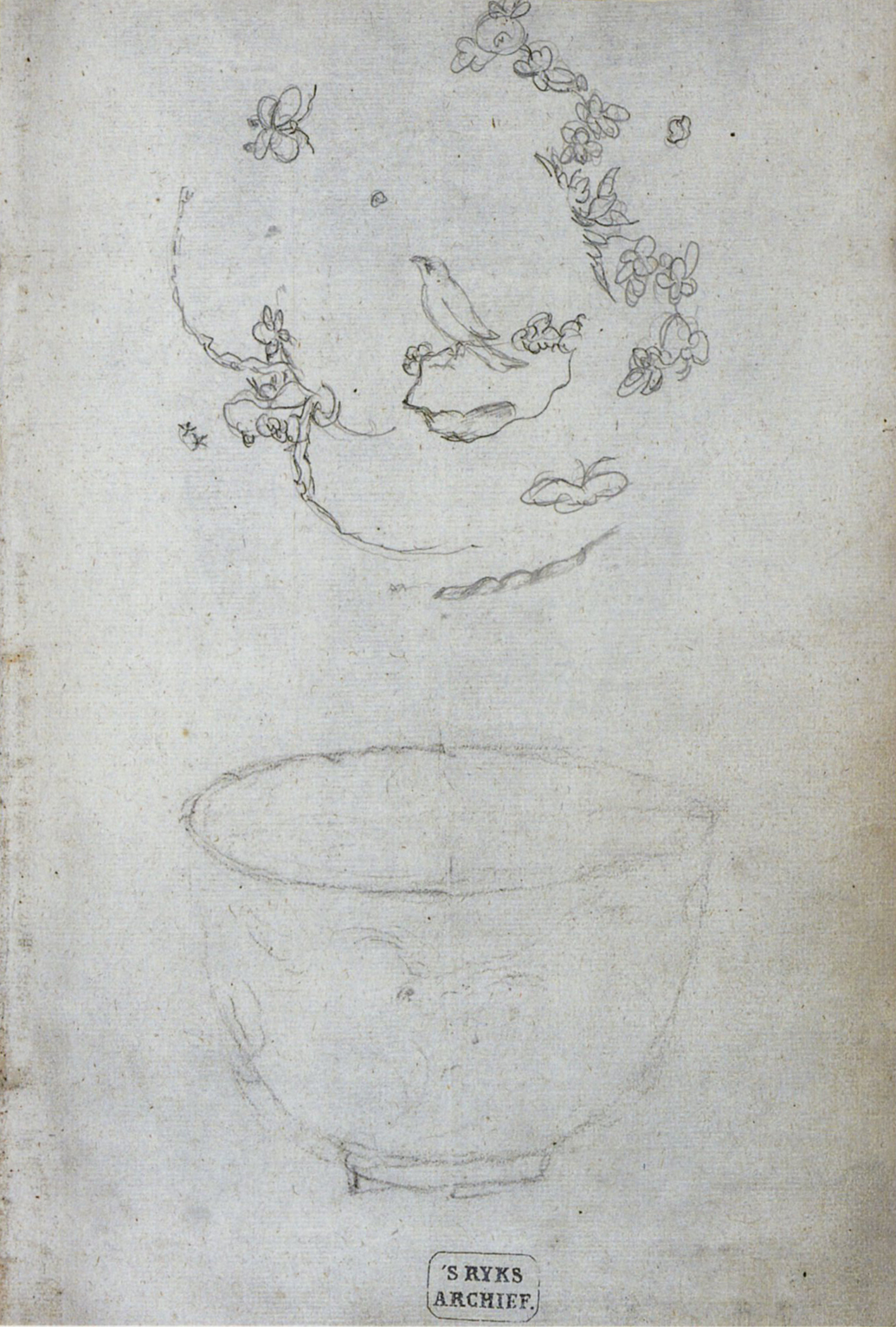 "Figure 7. Sketches of porcelain cup and decoration, number 136 f. 1r."