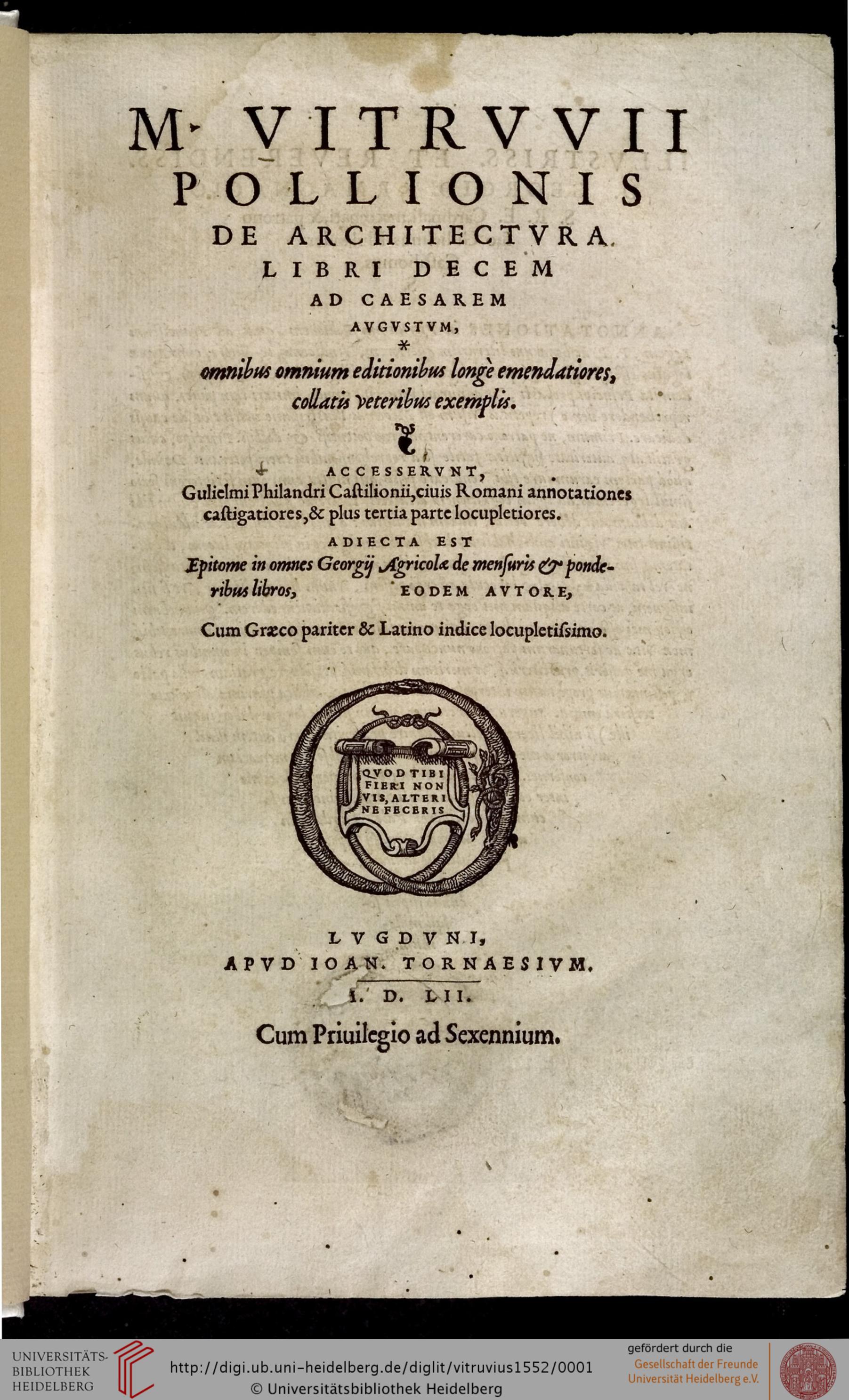 "Fig. 4. G. Philandrier, Annotationes castigatiores, & plus tertia parte locupletiores…, Lyon, 1552. Title page"